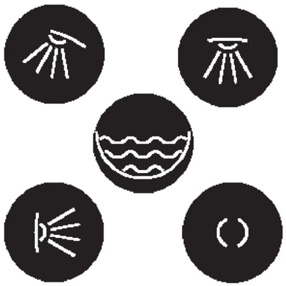 Schwarze Grafiken von Klebesymbolen, die verschiedene Anwendungen darstellen, angeordnet um ein zentrales Symbol mit Wellen, von der Marke Hansgrohe.